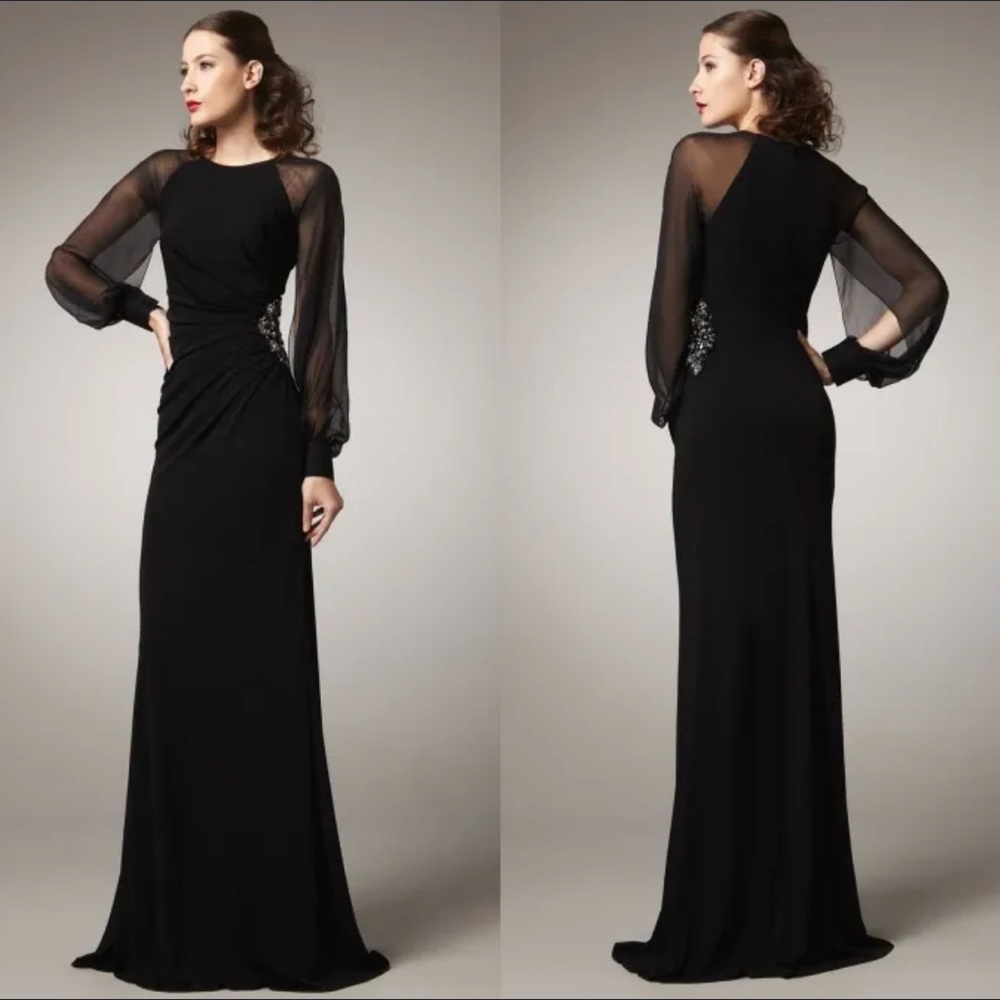 Eliza J Black Sheer-Sleeve Ruched Maxi Dress